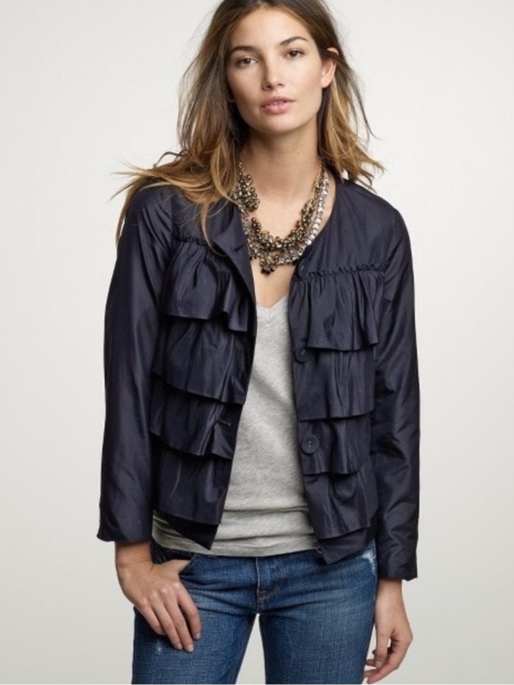 J CREW Women's Navy Ruffle Jacket nwt